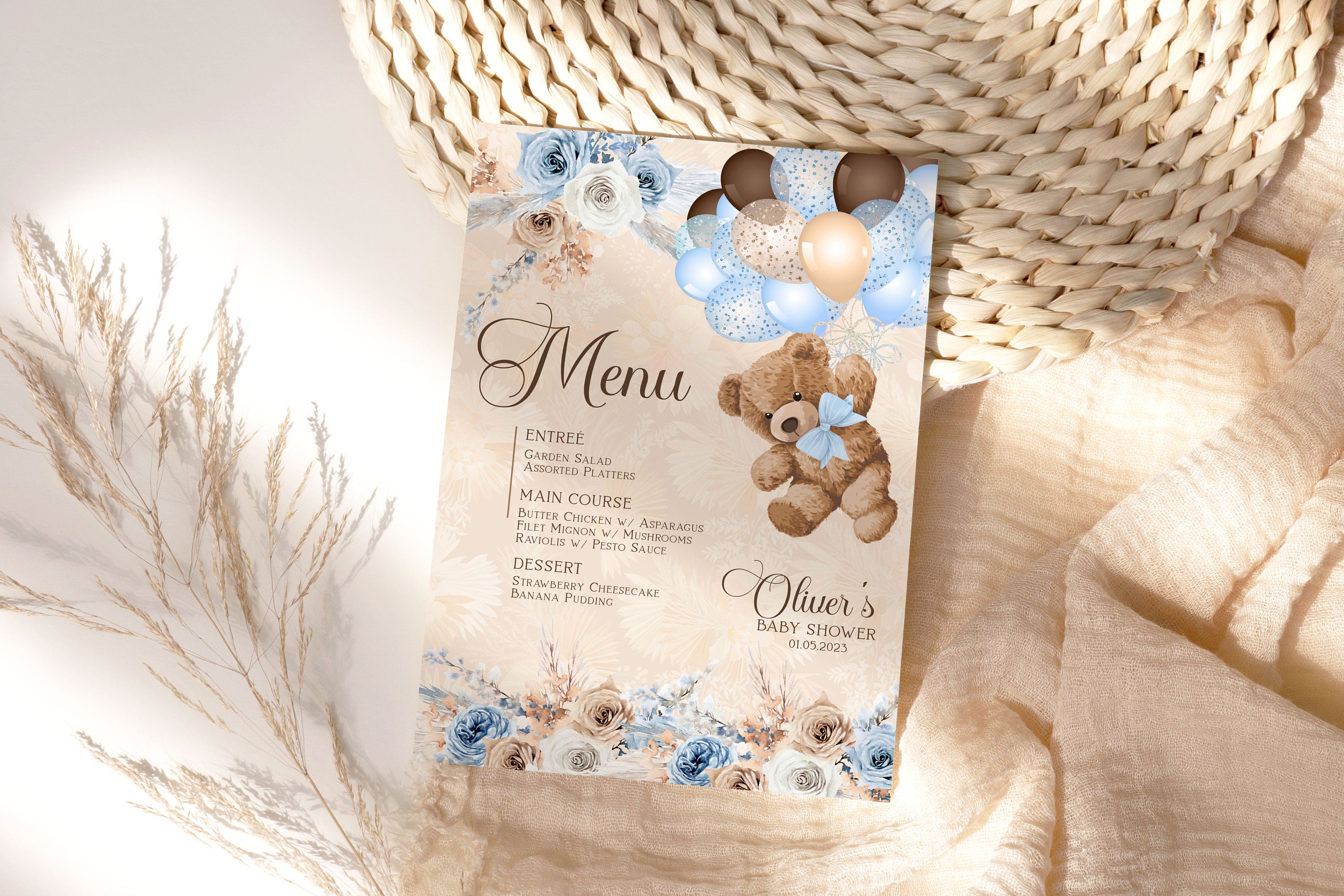 Teddy Bear Balloons Baby Shower Menu Template Printable Teddy - Etsy