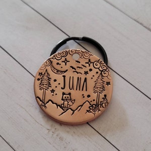 FOXY - Dog Tags, Cat Tags, Fox, Deer, Moon, Trees, Mountains, Stars, Hand Stamped, Personalized, Dog Collar, Cat Collar, Copper, Mothers Day
