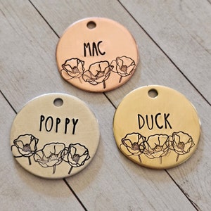 POPPY - Dog Tags, Cat TAGS, Poppy, Flowers, Poppi, Poppies, Custom, Hand Stamped, Custom, Dog Collar, Personalized, Gold, Mothers Day