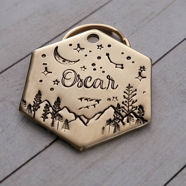 PIIHOLO - Dog Tags, Cat Tags, Trees, Mountains, Stars, Moon, Hand Stamped, Personalized, Dog Collar, Cat Collar, Lahaina, Maui Strong