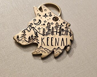 Personalized Wolf Dog Tag – Hand Stamped Mountain Pet ID