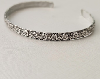 Sterling Silver Floral Cuff Bracelet, Engraved Secret Message Bangle