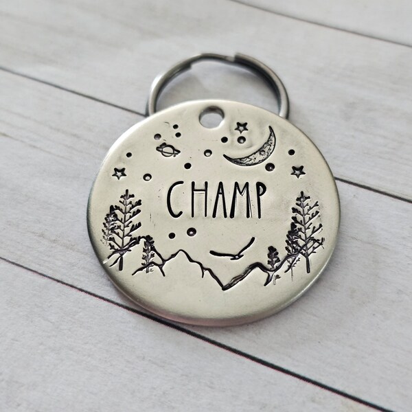 CASCADES - Dog Tag, Cat Tag, Forest, Crescent Moon, Saturn, Planets, Universe, Mountains, Trees, Hand Stamped, Personalized, Dog Collar