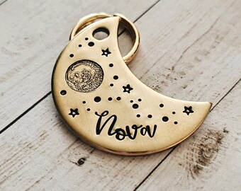 LUNA - Dog Tag, Cat Tag, Moon, Night, Stars, Crescent, Full Moon, Night, Hand Stamped, Personalized, Dog Collar, Cat Collar, Mothers Day