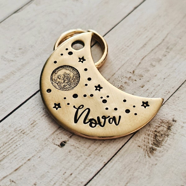 LUNA - Dog Tag, Cat Tag, Moon, Night, Stars, Crescent, Full Moon, Night, Hand Stamped, Personalized, Dog Collar, Cat Collar, Mothers Day