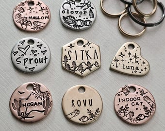 Personalisierte Namensschilder für kleine Hunde und Katzen, individuelle Designs für Haustiermarken, Nacht, Sterne, Monde, Blumen, Berge, Meer