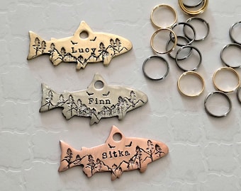 TROUT - Custom Fish Pet ID Tag • Engraved Dog Name Tag • Handmade Collar Tag • Durable Pet Name Tag for Dogs & Cats
