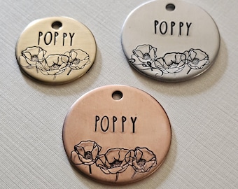 Targhetta identificativa personalizzata per cani con fiore di papavero - ID personalizzato per animali domestici - ID floreale per animali domestici