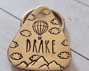 FLYING HIGH- Hot Air Balloon, Balloon, Clouds, Cirrus, Sky, Guitar Pick, Dog Tag, Cat Tag, Mountains, Personalized, Mothers Day