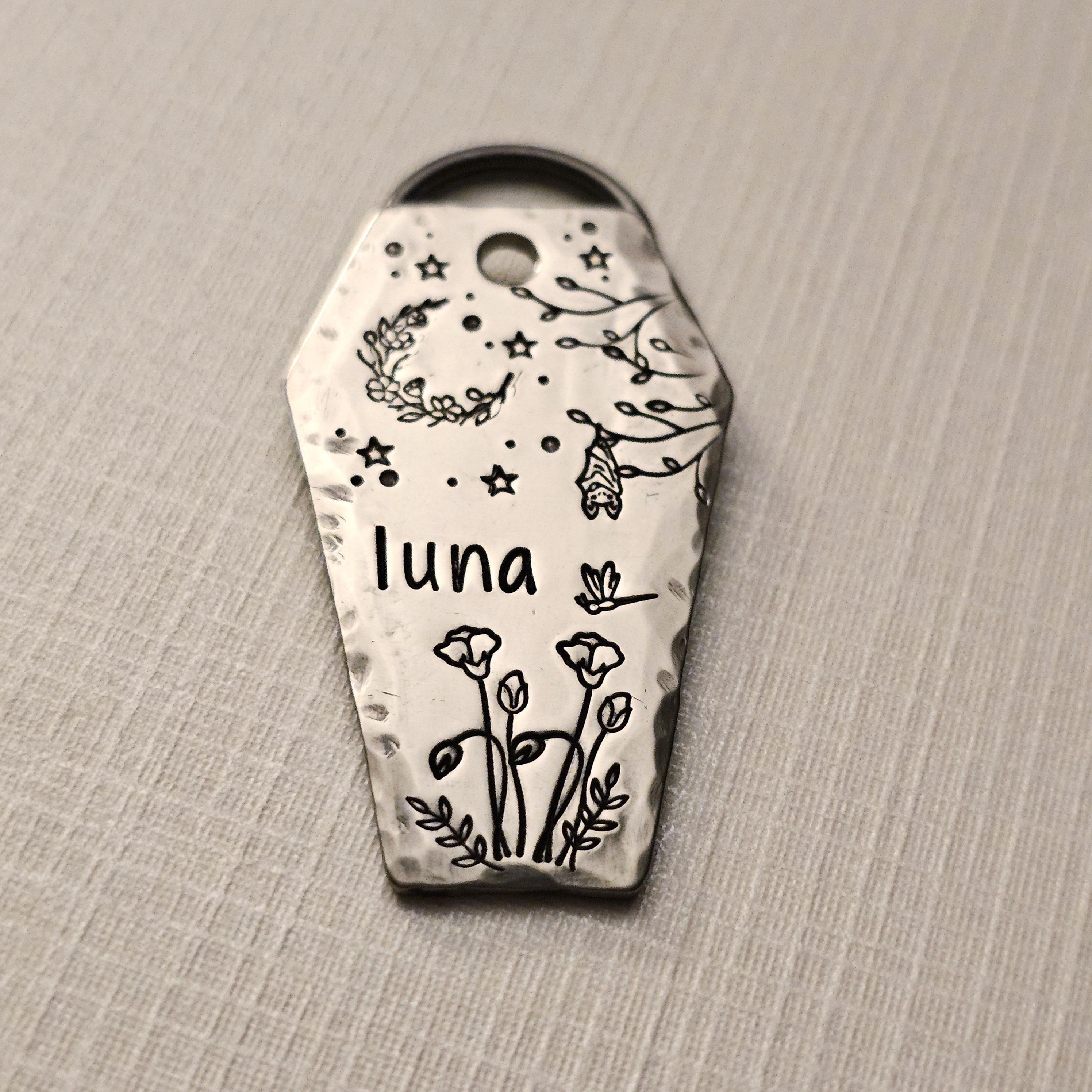 Coffin Garden— Dog Tag, Coffin Dog Tag, Flower Moon, Flowers, Bats, Birds, Mountains, Trees, Dog House