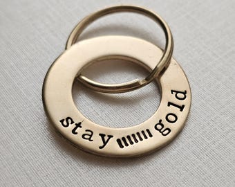 Stay Gold Handstamped Keychain, Inspirational Quartz Charm