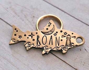 Custom Fish Pet ID Tag • Engraved Dog Name Tag • Handmade Collar Tag • Durable Pet Name Tag for Dogs & Cats