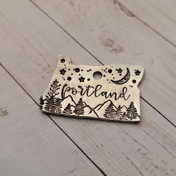 PORTLAND - Dog Tag, Cat Tag, Pewter, Moon, Forest, Mountains, Trees, Flowers, Ocean, Custom, Hand Stamped, Personalized, Dog Collar, Oregon