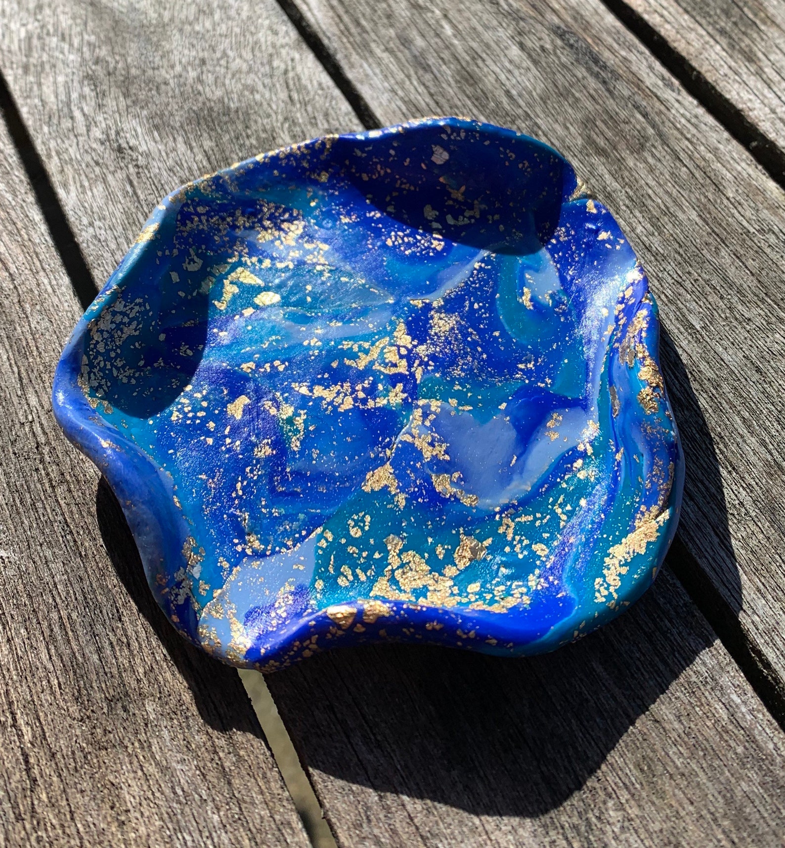 Blue and gold flake polymer clay jewellery dish ring dish | Etsy
