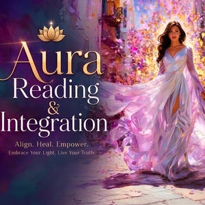 May include: A digital graphic featuring a person in a flowing, iridescent lavender gown standing on a cobblestone street amidst falling flower petals. Text reads: Aura Reading & Integration, Align. Heal. Empower. Embrace Your Light. Live Your Truth.