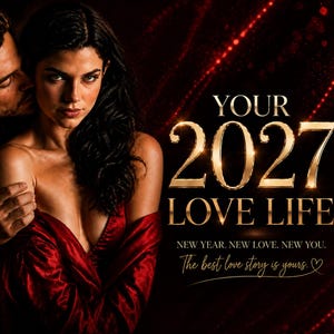 以下が含まれることがあります： 暗い服を着たカップルと、YOUR 2027 LOVE LIFE, NEW YEAR. NEW LOVE. NEW YOU. The best love story is yours. というテキストが描かれたロマンチックなグラフィック。背景は黒で、赤い光の筋と2027年の金色の文字が特徴です。