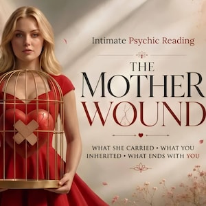 Op de afbeelding: Een blond persoon in een rode jurk houdt een gouden vogelkooi vast met daarin een rood hart met een pleister. Tekst: Intimate Psychic Reading, THE MOTHER WOUND, WHAT SHE CARRIED, WHAT YOU INHERITED, WHAT ENDS WITH YOU. Zachte belichting en bloemen.