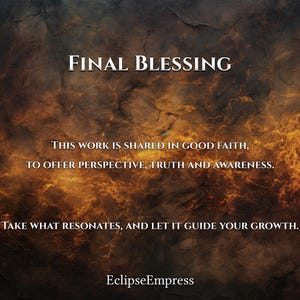 May include: An inspirational graphic with the words "Final Blessing" in white, set against a textured, dark brown and gold background. The text below reads: "This work is shared in good faith, to offer perspective, truth and awareness. Take what resonates, and let it guide your growth." The name "EclipseEmpress" is at the bottom.
