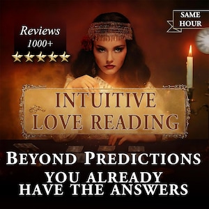 Puede incluir: Un anuncio de lectura de amor intuitiva. La imagen presenta a una mujer con cabello oscuro y una diadema, sosteniendo un letrero que dice "INTUITIVE LOVE READING". El texto "BEYOND PREDICTIONS YOU ALREADY HAVE THE ANSWERS" está debajo. La imagen también incluye el texto "Reviews 1000+" y "SAME HOUR."