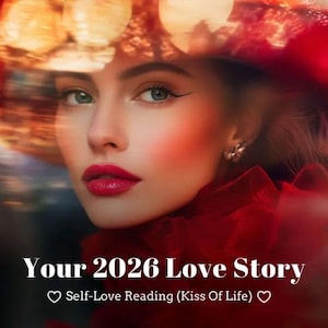 Peut inclure: Une femme avec une peau claire, des lèvres rouges et un chapeau rouge. L'image contient le texte "Your 2026 Love Story" et "Self-Love Reading (Kiss of Life)". L'arrière-plan est flou avec des tons chauds.