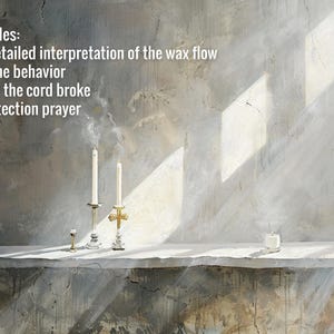 May include: An artistic depiction of a table with candles and text that reads "Includes: a detailed interpretation of the wax flow, flame behavior, how the cord broke, protection prayer". The scene is lit by sunlight.