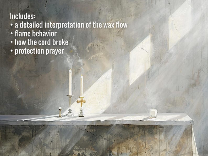 May include: An artistic depiction of a table with candles and text that reads "Includes: a detailed interpretation of the wax flow, flame behavior, how the cord broke, protection prayer". The scene is lit by sunlight.