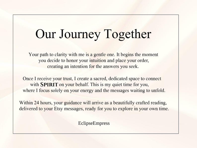 Puede incluir: Una tarjeta color crema con el texto "Our Journey Together" en una fuente audaz y elegante. La tarjeta contiene texto detallado sobre orientaci&oacute;n y lecturas, con el nombre "EclipseEmpress" en la parte inferior.