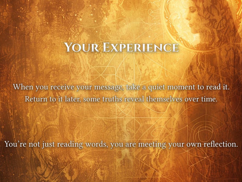 K&ouml;nnte beinhalten: Goldfarbenes Bild mit dem Text "YOUR EXPERIENCE" oben. Das Bild enth&auml;lt Text &uuml;ber das Empfangen einer Botschaft und das Nachdenken dar&uuml;ber. Auf der rechten Seite ist eine Frauensilhouette zu sehen.