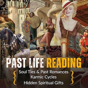May include: A composite image with historical and artistic elements, including a horse, figures in period dress, and a portrait of a woman. The text "PAST LIFE READING" is central, with further text below.