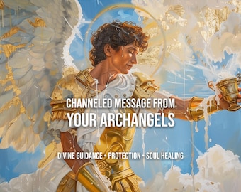 May include: An artistic depiction of an angel in golden armor, holding a golden chalice. The image features the text "CHANNELED MESSAGE FROM YOUR ARCHANGELS" and the phrases "DIVINE GUIDANCE • PROTECTION • SOUL HEALING". The background is a mix of blue and gold.