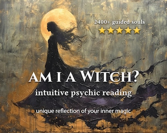 Puede incluir: Imagen artística con la silueta de una mujer con un vestido negro fluido contra una luna dorada. El texto dice "AM I A WITCH?" con información sobre lecturas psíquicas intuitivas y magia interior. Fondo abstracto texturizado.