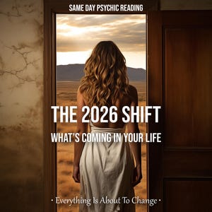 Pode incluir: Imagem de uma mulher em pé em uma porta, de frente para uma paisagem. O texto diz "THE 2026 SHIFT" e "WHAT'S COMING IN YOUR LIFE." Também lê-se "Everything Is About To Change." As palavras "SAME DAY PSYCHIC READING" estão no topo.