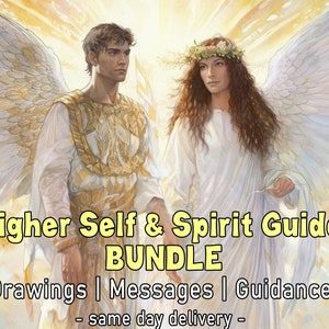 May include: A digital illustration of two angels, one male and one female, with wings. The text "Higher Self & Spirit Guide BUNDLE Drawings | Messages | Guidance - same day delivery -" is below the image.