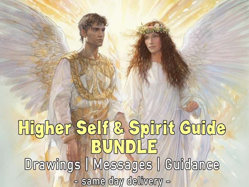 May include: A digital illustration of two angels, one male and one female, with wings. The text "Higher Self & Spirit Guide BUNDLE Drawings | Messages | Guidance - same day delivery -" is below the image.