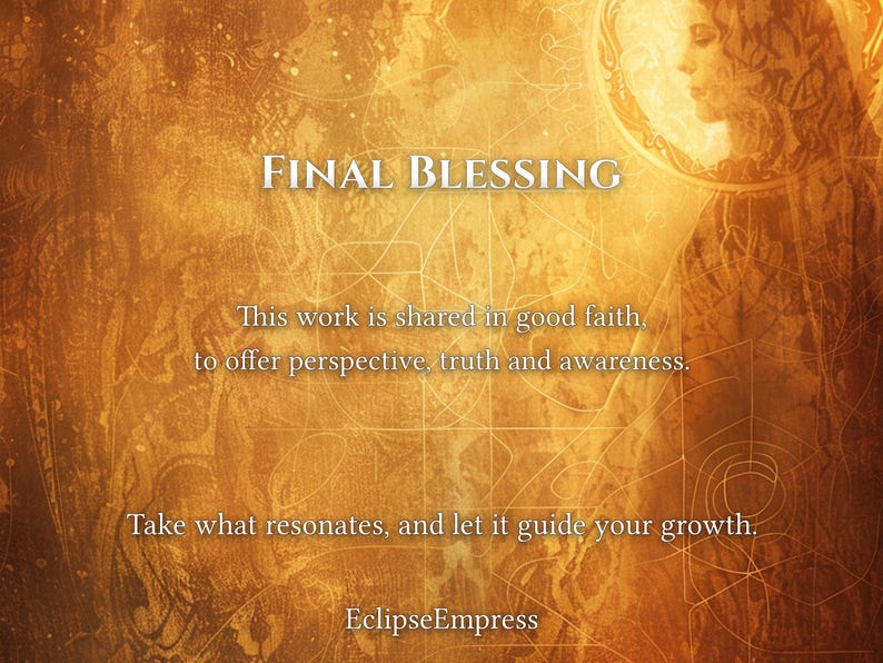 K&ouml;nnte beinhalten: Ein k&uuml;nstlerisches Bild in warmen Goldt&ouml;nen mit der Aufschrift "FINAL BLESSING". Der Text darunter besagt, dass die Arbeit geteilt wird, um Perspektive, Wahrheit und Bewusstsein zu bieten. Der Text "Take what resonates, and let it guide your growth." und "EclipseEmpress" ist ebenfalls enthalten.