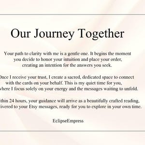 May include: A white background with the text "Our Journey Together" in a bold, black font. The text describes a personalized service, emphasizing clarity, intuition, and guidance within 24 hours. The Etsy shop name "EclipseEmpress" is at the bottom.