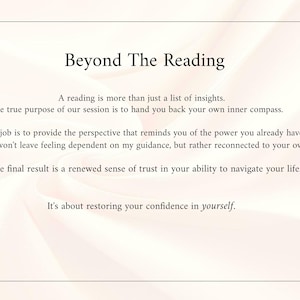 May include: A white background with a black border frames the text "Beyond The Reading." The text describes the purpose of a reading session, emphasizing self-empowerment and restoring confidence. The overall theme is self-discovery and guidance.