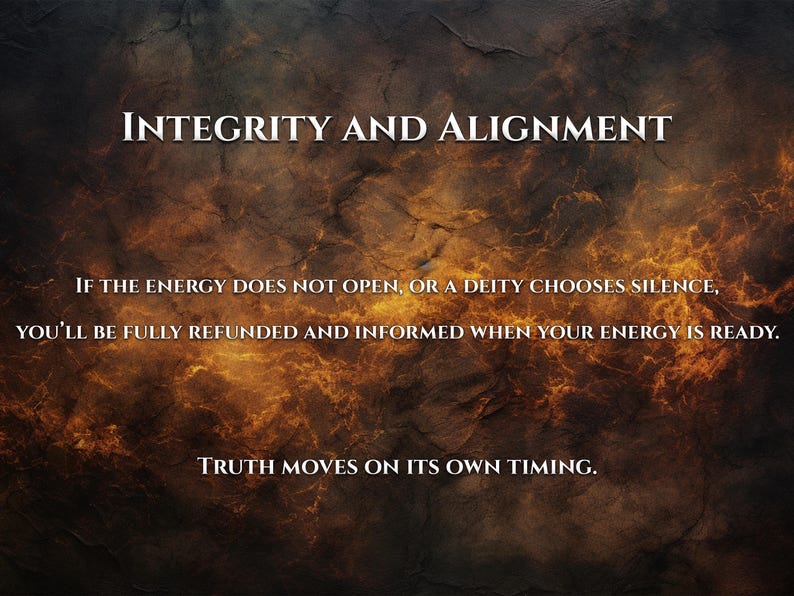 May include: A digital art piece with a textured, dark background and fiery orange and yellow accents. The words "INTEGRITY AND ALIGNMENT" are at the top, with additional text below stating, "IF THE ENERGY DOES NOT OPEN..." and "TRUTH MOVES ON ITS OWN TIMING."