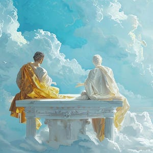 May include: An artistic depiction of two figures in classical attire seated on a white stone structure, set against a backdrop of a bright blue sky and fluffy white clouds. The figures are draped in gold and white cloth.