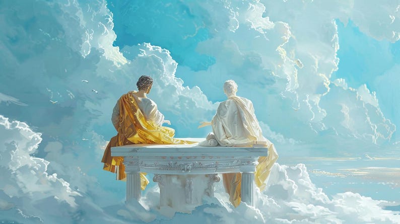May include: An artistic depiction of two figures in classical attire seated on a white stone structure, set against a backdrop of a bright blue sky and fluffy white clouds. The figures are draped in gold and white cloth.