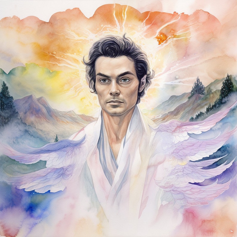 May include: A man with dark hair and a white robe stands in front of a colorful, abstract background. He has a serious expression on his face and appears to be looking directly at the viewer. The background is a mix of soft, pastel colors and swirling shapes, suggesting a spiritual or ethereal setting.
