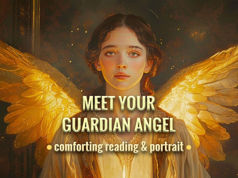 May include: Digital art of a woman with golden angel wings. The image has text that reads "MEET YOUR GUARDIAN ANGEL" and "comforting reading & portrait". The woman has light skin, brown hair, and is wearing a gold-colored garment.