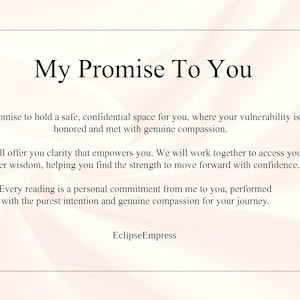 May include: A framed document with the title "My Promise To You" in a bold, black font. The text promises a safe space, clarity, and personal commitment. The author's name, "EclipseEmpress," is at the bottom.