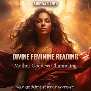 Puede incluir: Ilustración digital de una mujer con largo cabello castaño ondulado y una tela roja. El texto dice "DIVINE FEMININE READING" y "Mother Goddess Channeling". La imagen tiene una paleta de colores cálidos y dorados.