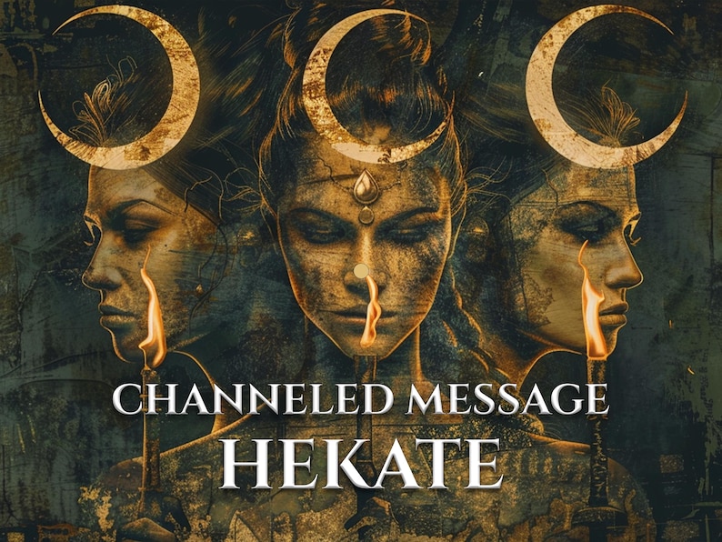 May include: An artistic depiction of Hekate, featuring three faces with crescent moon crowns. Each face holds a torch, with the text "CHANNELED MESSAGE HEKATE" displayed below. The artwork has a mystical, ancient aesthetic.