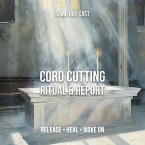 May include: A white stone altar inside a dimly lit space with two tall lit candles. The text reads: SAME DAY CAST, CORD CUTTING RITUAL & REPORT, RELEASE • HEAL • MOVE ON. Wisps of white smoke swirl around the altar, illuminated by light beams.