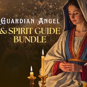 May include: Image with the text "Guardian Angel & Spirit Guide Bundle". A woman in a blue and red trimmed gown is shown, with lit candles in the foreground. The background has a warm, golden tone, with a celestial theme.