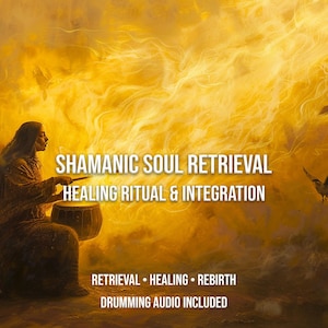 Może przedstawiać: Artystyczny obraz z kobietą grającą na bębnie, z tekstem "Shamanic Soul Retrieval, Healing Ritual & Integration". Obraz ma ciepłą, złotą kolorystykę z ptakami latającymi w tle.