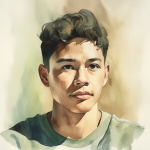 May include: A watercolor painting of a person with short, dark brown hair. The person is looking directly at the viewer with a neutral expression. They are wearing a green shirt.