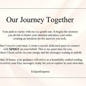 May include: A cream-colored card with the text "Our Journey Together" in a bold, elegant font. The card contains descriptive text about a spiritual reading service, including the phrase "EclipseEmpress" at the bottom.
